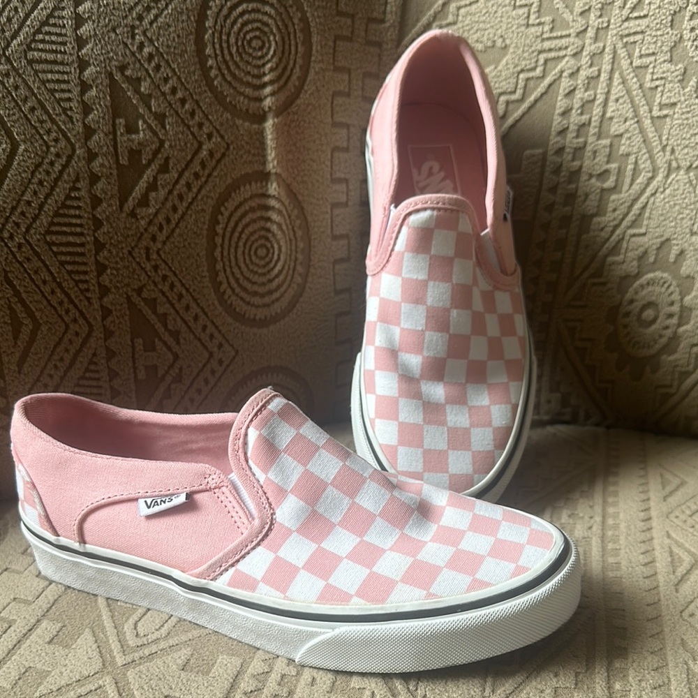 Vans Pink and White Checkered Slip-Ons Size 6.5